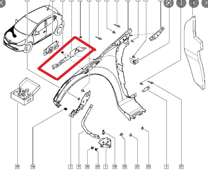 RENAULT CLIO 4 HB 16/20; Front Fender Bracket Support Right (Middle Section) (Sheet Metal) (EAGLE BODY) — OEM 641340096R