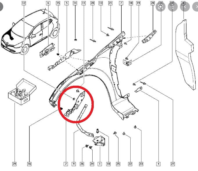 RENAULT CLIO 4 HB 13/16; Front Fender Connection Bracket Right Three-Part (SHEET METAL) (EAGLE BODY) — OEM 620430255R