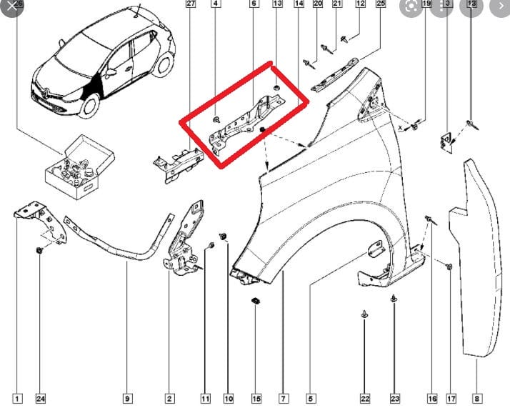 RENAULT CLIO- 4- HB- 16/20; Soporte de Conexión Guardabarros Delantero Izquierdo (Sección Media) (SAC) (EAGLE BODY) — OEM 641356433R