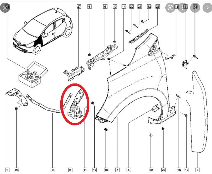 RENAULT CLIO- 4- HB- 13/16; Front Fender Connection Bracket Left (Three-Piece) (Steel) (EAGLE BODY) — OEM 620428625R